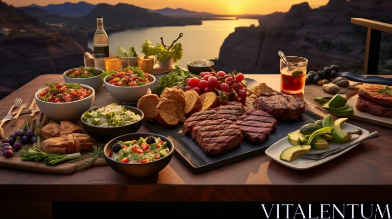 Sumptuous Steak Dinner with Lake View at Sunset AI Image