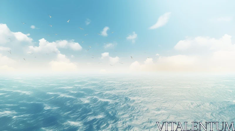 AI ART Tranquil Ocean Scene with Birds | Blue Sky and Gentle Waves