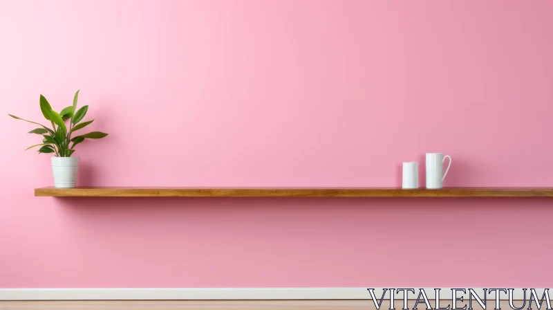 Tranquil Pink Wall with Wooden Shelf and Potted Plant AI Image