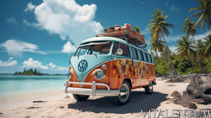 AI ART Vintage Volkswagen Type 2 Bus on Beach with Surfboard