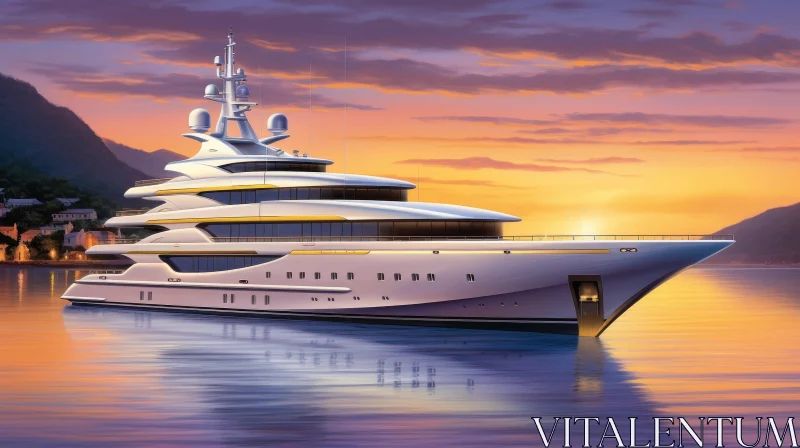 White Yacht in Harbor at Sunset AI Image