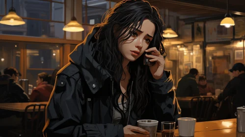 Young Woman in Cafe Digital Painting