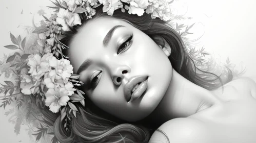 Beautiful Young Woman Portrait with Flowers in Black and White