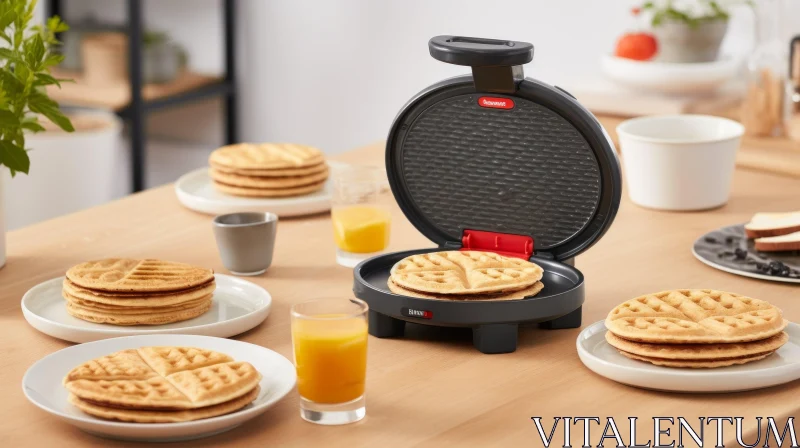 Black Waffle Maker on Wooden Table with Orange Juice AI Image