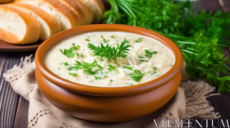 Cream Soup with Grated Cheese and Parsley on Wooden Table AI Image