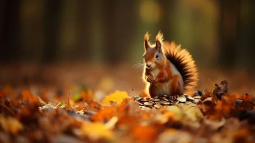 Curious Red Squirrel on Gold Coins in Forest
