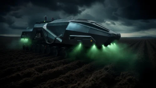 Dark Green Military Vehicle in Misty Field