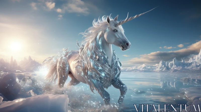 Enchanting Unicorn on Frozen Lake AI Image