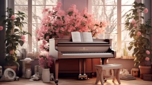 Modern Living Room with Grand Piano and Pink Flowers