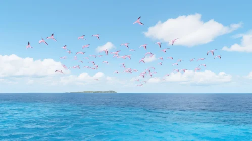 Pink Flamingos Flying Over Blue Ocean