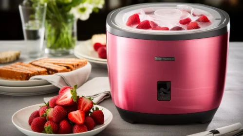 Pink Yogurt Maker with Strawberries on Kitchen Countertop