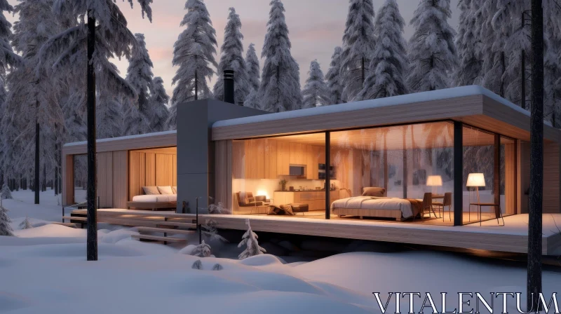 Snowy Forest Modern House - Serene Architecture AI Image