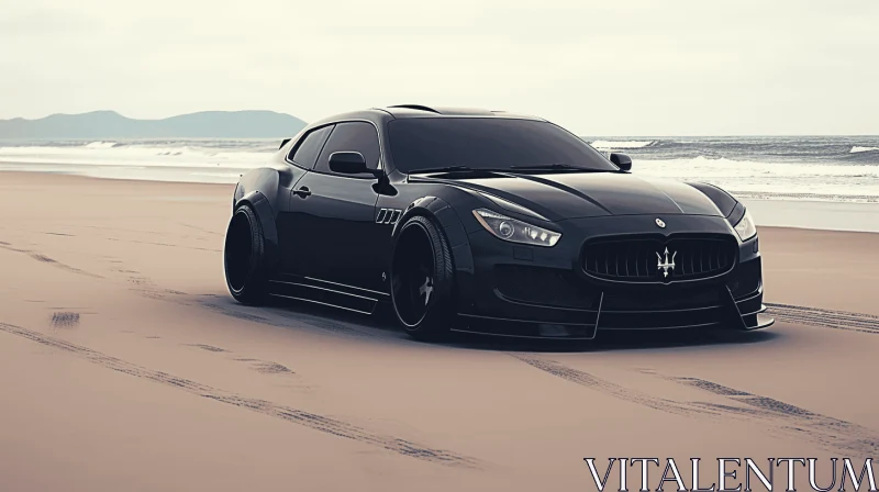 Stunning Black Maserati Granturismo Car on Beach Wallpapers AI Image