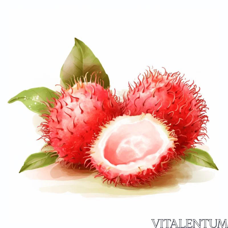 Vibrant Illustration of a Red Rambutan Fruit with Leaves AI Image