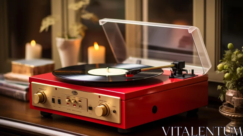 Vintage Red Record Player on Wooden Table AI Image