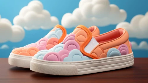 Colorful Cloud Pattern Slip-On Sneakers on Wooden Table
