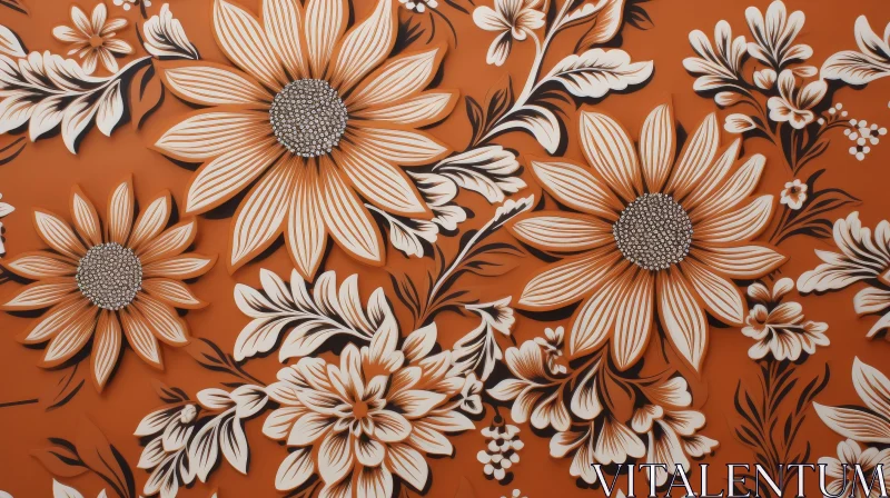 AI ART Floral Pattern Ceramic Tile on Dark Orange Background