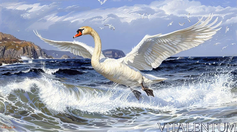Graceful Swan Flying Over Turbulent Sea AI Image