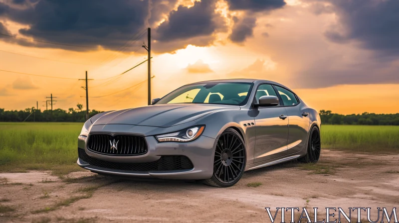 Grey Maserati Parked Next to Sunset | Monochromatic Symmetry AI Image
