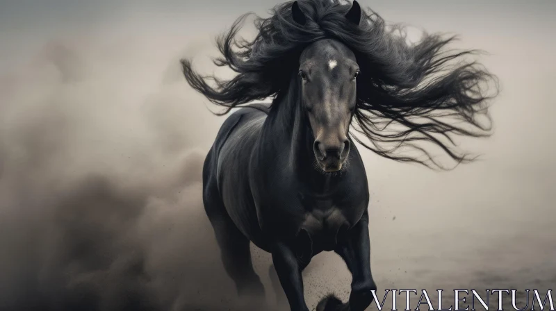 AI ART Majestic Black Horse Running in Field