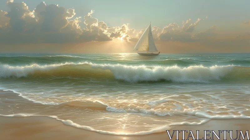 Tranquil Sunset Seascape with Sailboat AI Image