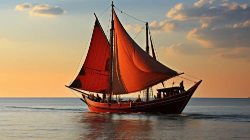 Tranquil Sunset Voyage on a Red-Sailed Ship