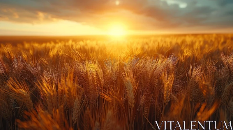 Tranquil Wheat Field Sunset Landscape AI Image
