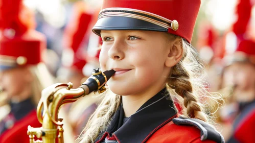 Young Girl Playing Saxophone in Red Uniform