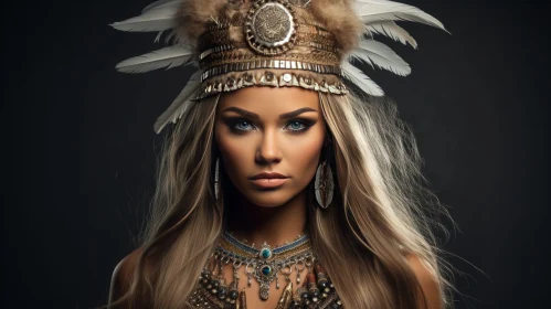 Young Woman Portrait with Native American Headdress