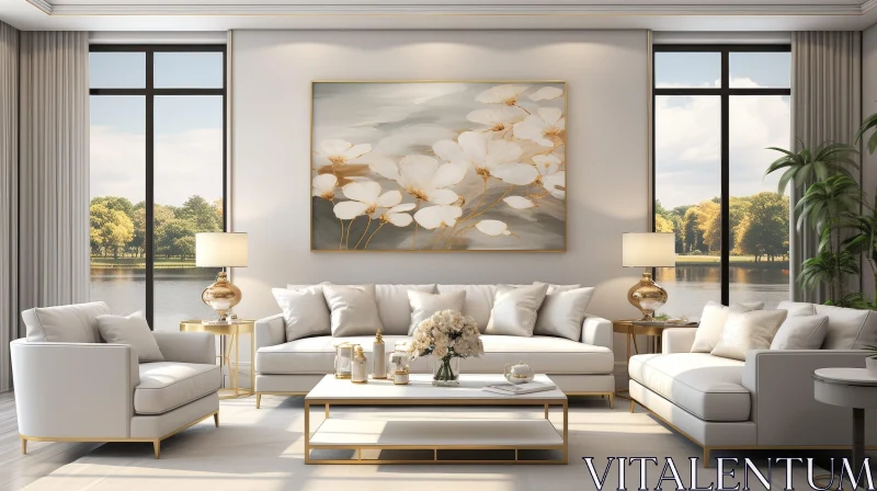 AI ART Chic Modern Living Room with White and Gold Accents