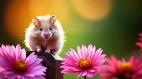Curious Hamster on Wooden Fence with Pink Flowers
