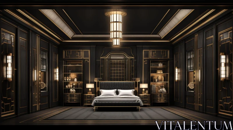 Dark Moody Art Deco Style Bedroom 3D Rendering AI Image