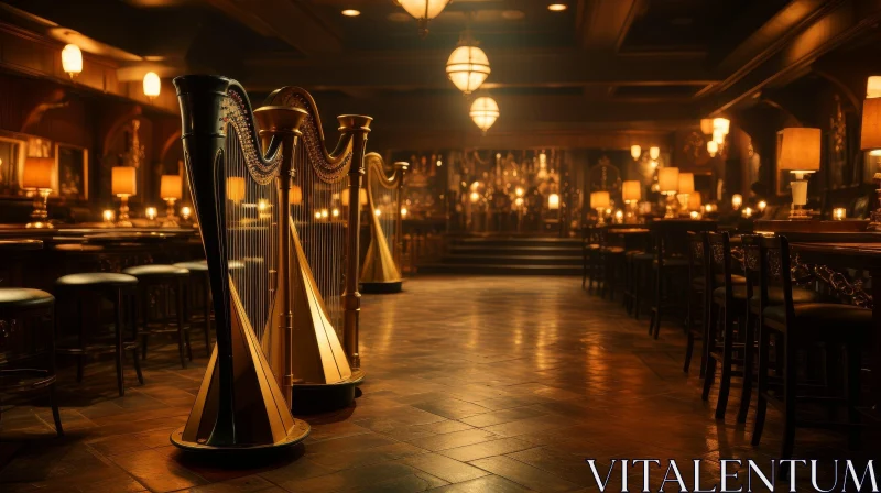 Elegant Grand Hall with Harps | 3D Rendering AI Image