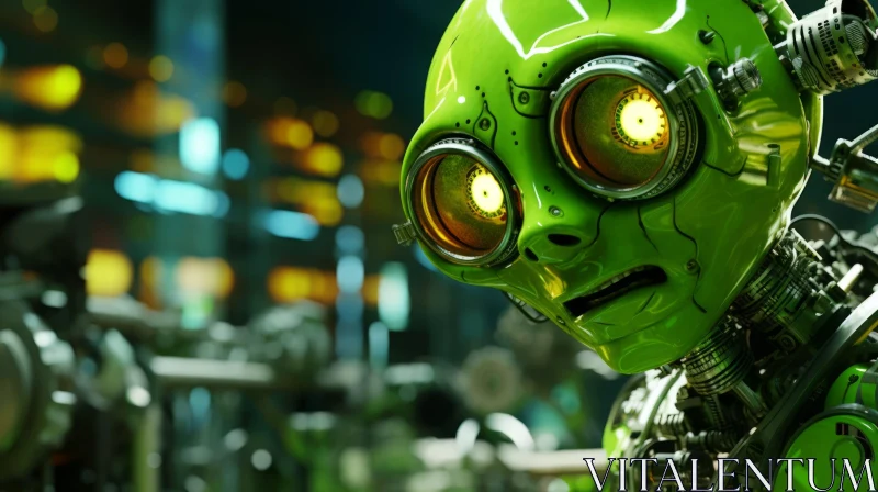 Green Robot Head Close-Up | Metallic Technology Curiosity AI Image