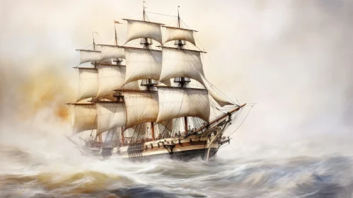 Large Sailing Ship Painting in Rough Sea