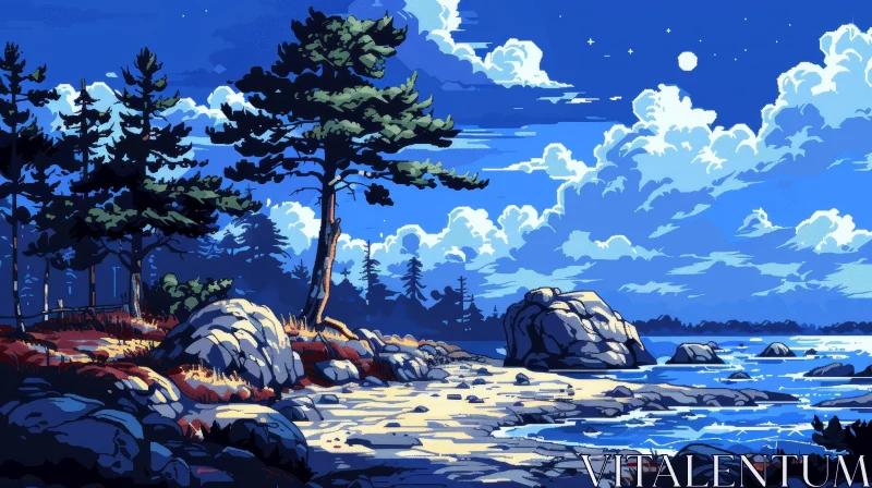 Pixelated Beach Night Landscape with Stars and Tree AI Image