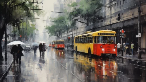 Rainy City Street Scene Painting