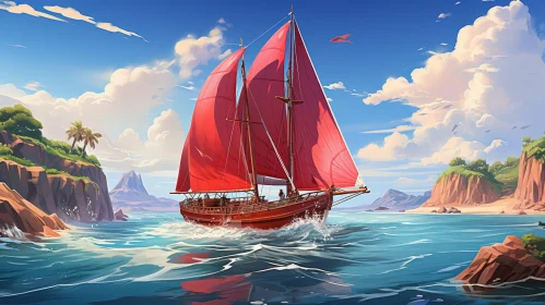 Red-Sailed Ship at Sea - Digital Painting