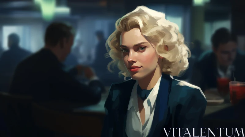 Serious Blonde Woman in Blue Suit at Bar AI Image