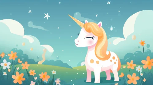 Whimsical Cartoon Unicorn in Flower Field
