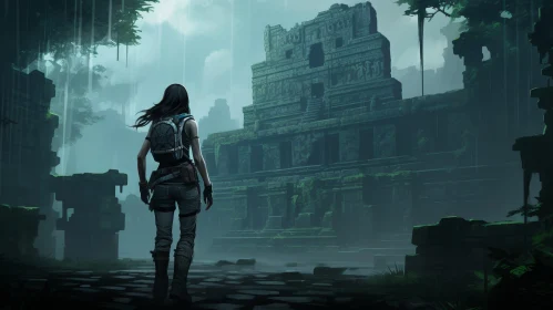 Ancient Ruins Exploration: Woman at Overgrown Temple