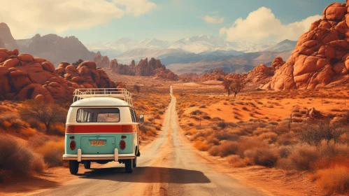 Desert Road Adventure: Light Blue Van Driving on Scenic Route