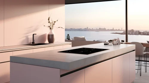 Modern Kitchen with Stylish Island and City View