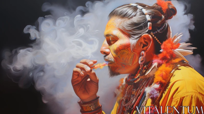 AI ART Native American Man Smoking Pipe - Traditional Headdress Portrait