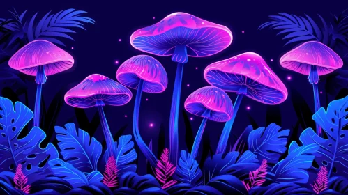 Psychedelic Forest with Glowing Mushrooms - Digital Painting