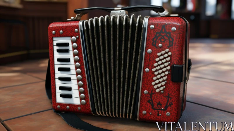 AI ART Red Accordion on Wooden Surface