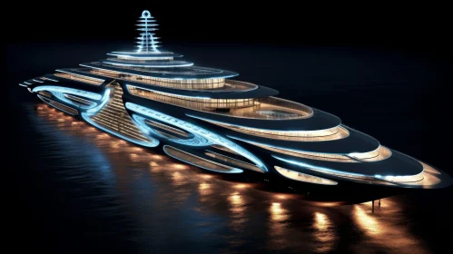 Sleek Futuristic Yacht Illuminated by Blue Lights