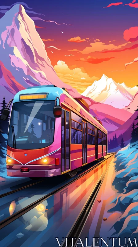 Tram in Snowy Mountain Landscape - Cartoon Digital Painting AI Image