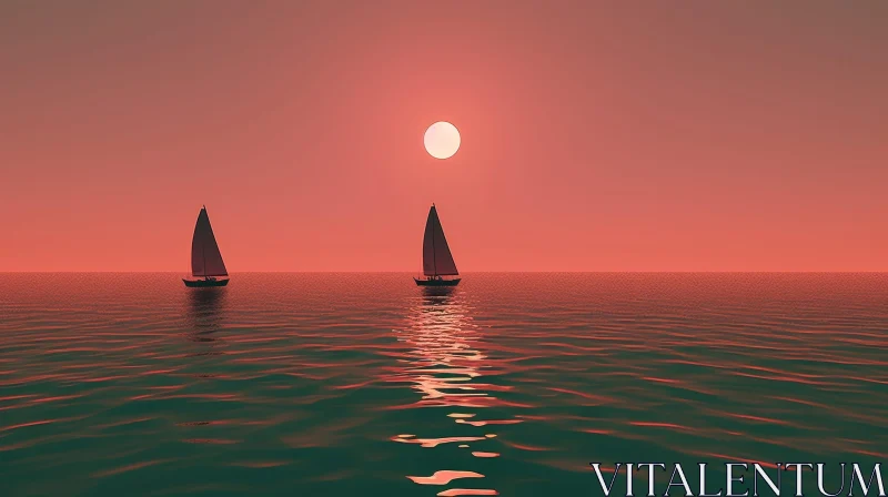 AI ART Tranquil Seascape with Sailing Boats at Sunset