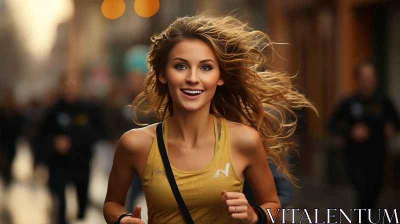 Young Woman Running Down City Street - Urban Happiness AI Image